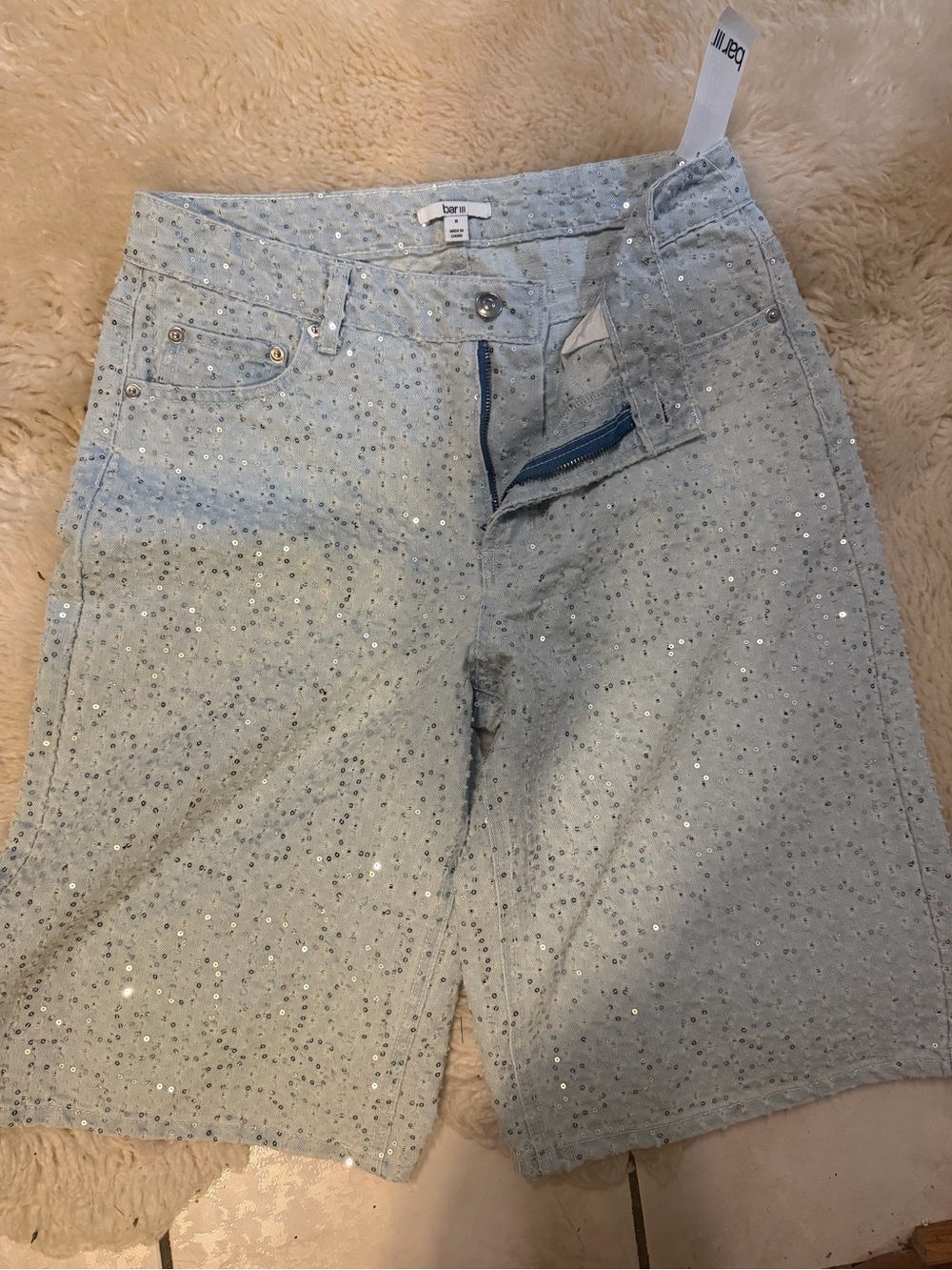 Bar III Light Blue Sequin High-Rise Denim Shorts and Jacket Set - Picture 7 of 7